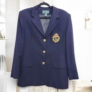 Ralph Lauren Navy Wool Blazer Crest Emblem & Gold Buttons Preppy Size XL